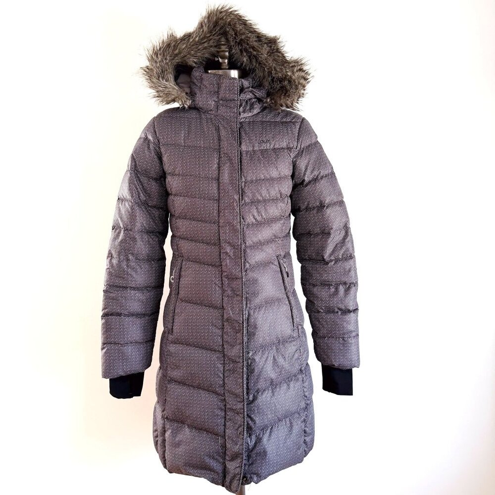 Lole Katie Down Puffer Jacket XS Hooded Gray Black Pattern
